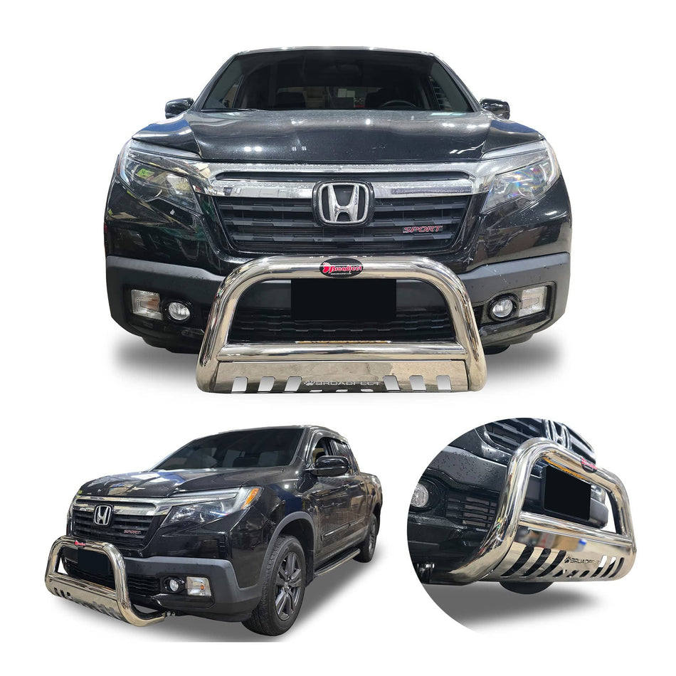fits Honda Ridgeline 2017 2018 2019 2020 2021 2022 2023 Front Bull Bar with Skid Plate Heavy Duty T-304 Stainless Steel Grille Guard Bumper Protector Broadfeet
