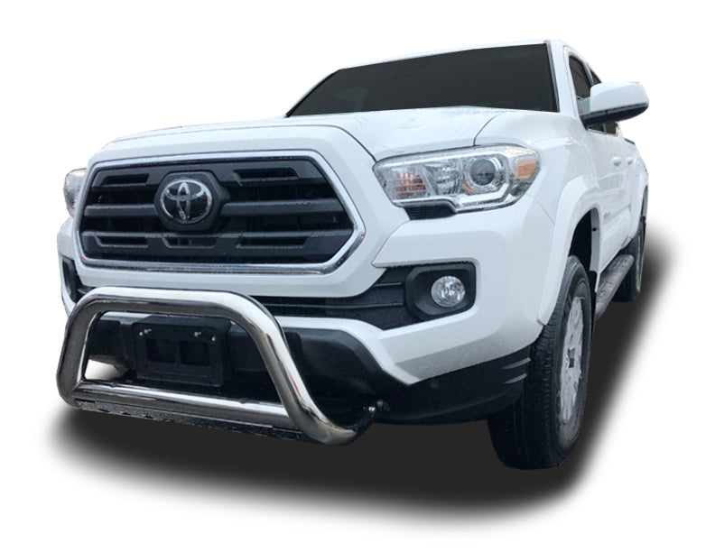 The image features a close-up angle of a exterior part known as bull bar with skid plate bumper guard installed on a Toyota Tacoma by Broadfeet Motorsport Equipment, LLC.