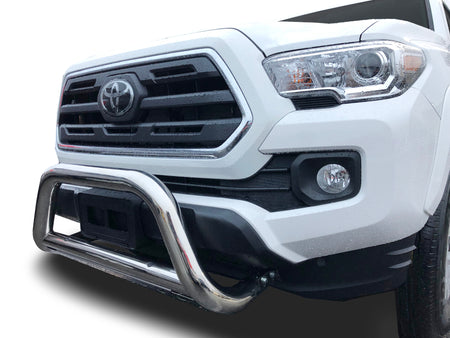 The image features a close-up angle of a exterior part known as bull bar with skid plate bumper guard installed on a Toyota Tacoma by Broadfeet Motorsport Equipment, LLC.