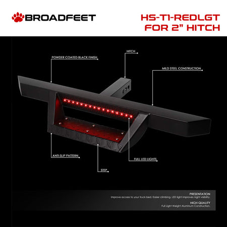 2" Hitch Receiver Accessories - T1 Series 32.5" Hitch Step - Steel Design with Red LED Light - Broadfeet